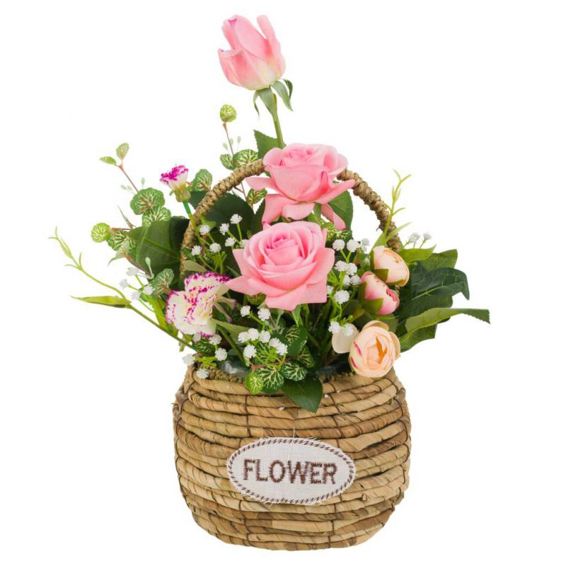 cesta de cuerda con ramo de flores