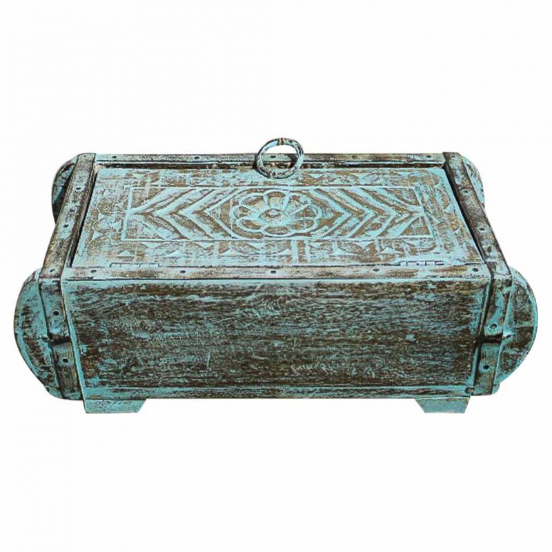 caja de madera tallada acabado artesanal envejecido azul