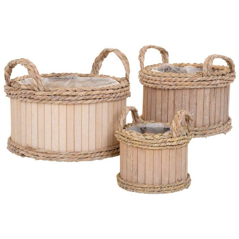 cestas set 3 pzas redonda de madera con asas marron