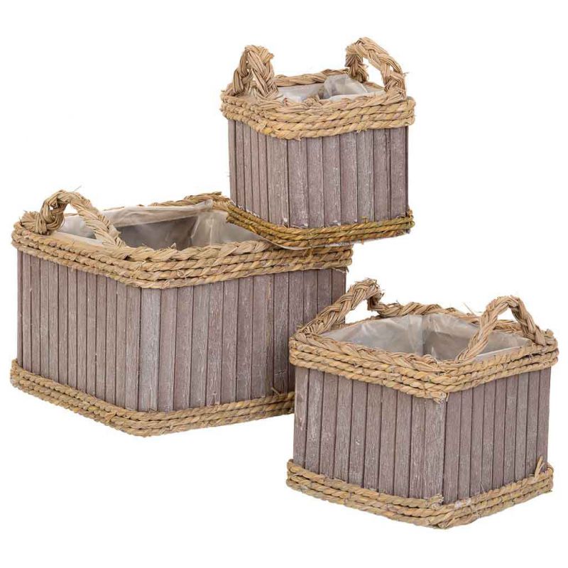 cestas set 3 pzas cuadrada de madera con asas gris