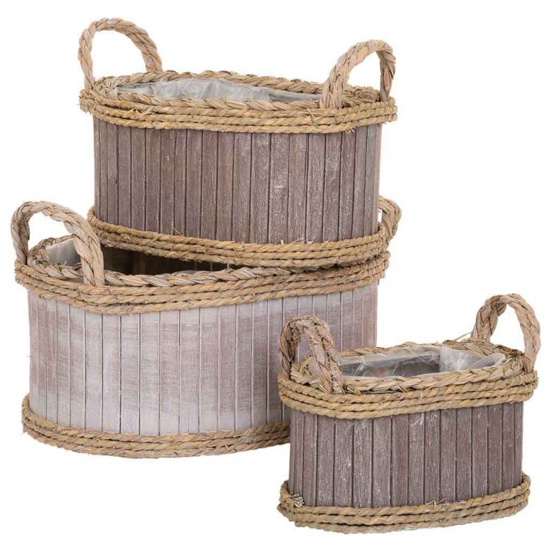 cestas set 3 pzas ovalada de madera con asas gris