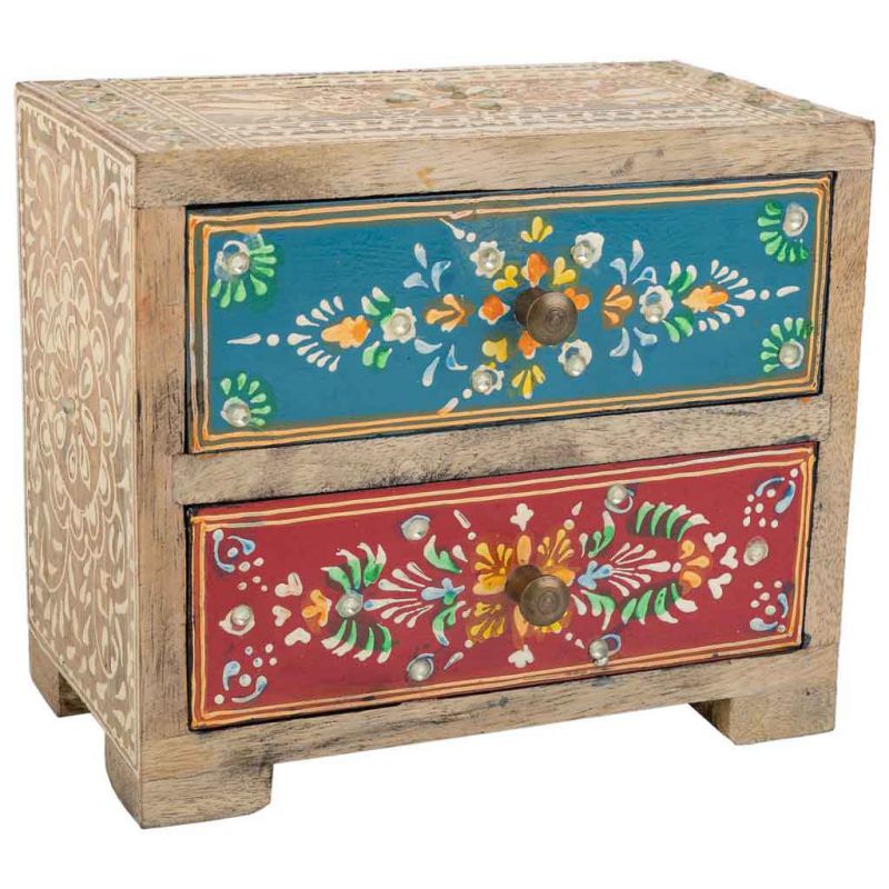 caja joyero de madera pintado artesanal de 2 cajones marron