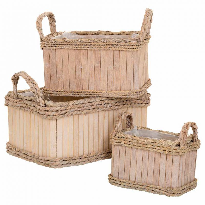 cestas set 3 pzas rectangular de madera con asas marron