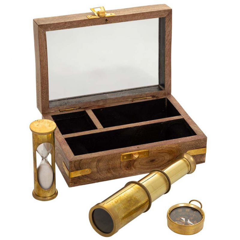 set brujula,telescopio y reloj arena  con caja de madera y acabado de 