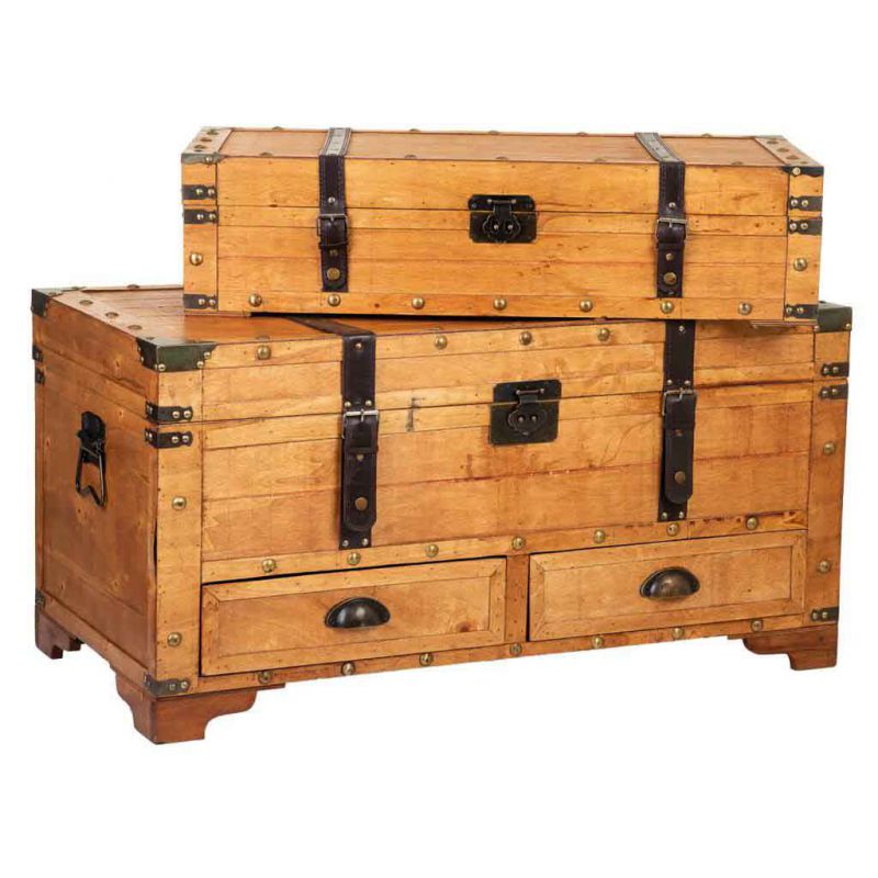 baul y maleta de madera miel set de 2 piezas