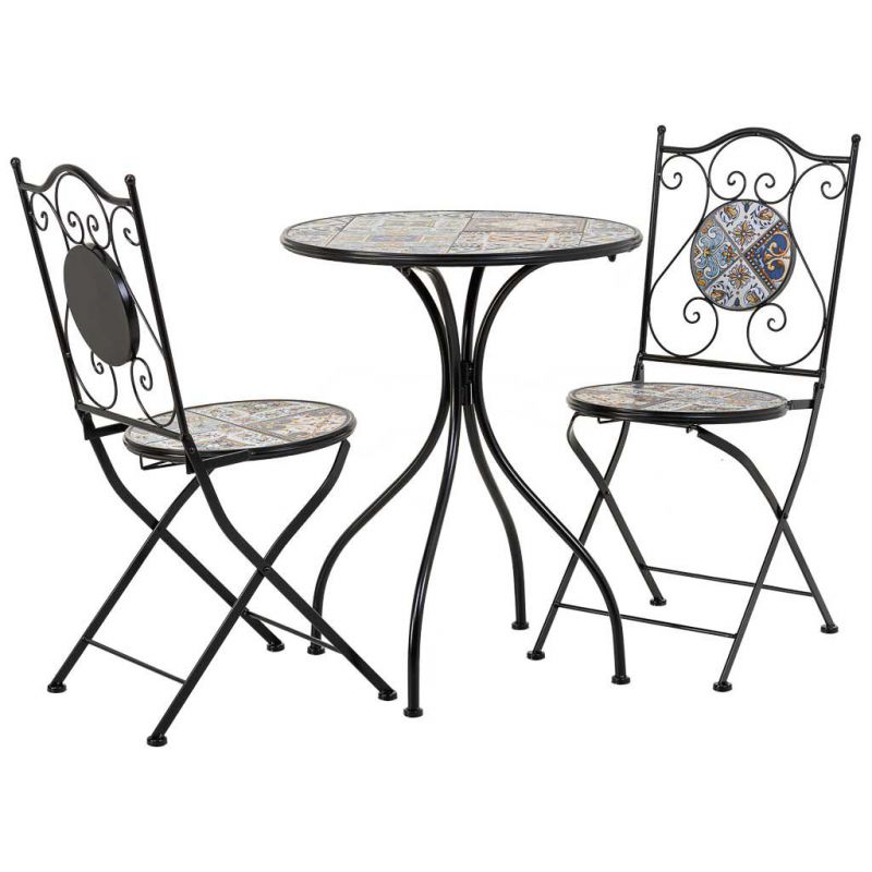conjunto mesa y dos sillas de mosaico y forja negro