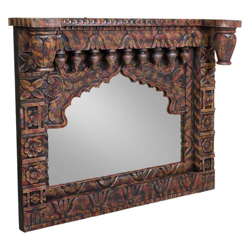 espejo de pared rectangular de madera tallada acabado artesanal marron