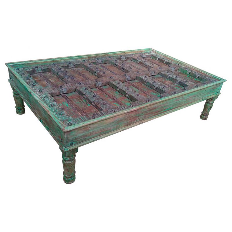 mesa de centro de madera acabado artesanal verde