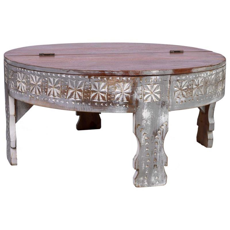 mesa de centro redonda de madera tallada acabado artesanal envejecido 