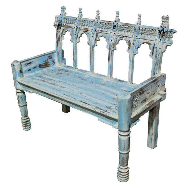 banco de madera tallada acabado artesanal envejecido azul