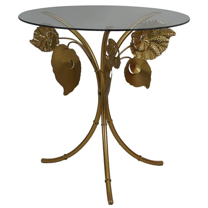 mesa esquinera redonda de metal dorado