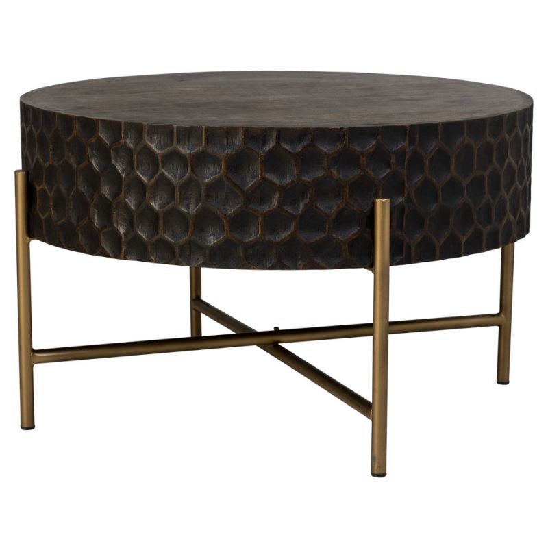 mesa redonda de centro de madera y metal marron