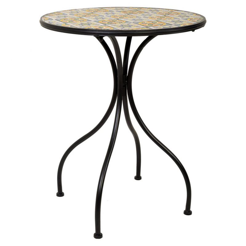 mesa redonda de forja y mosaico negro
