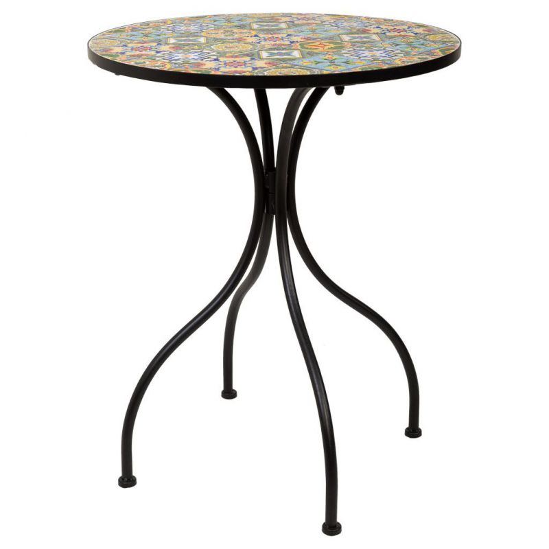 mesa redonda de forja y mosaico negro negro
