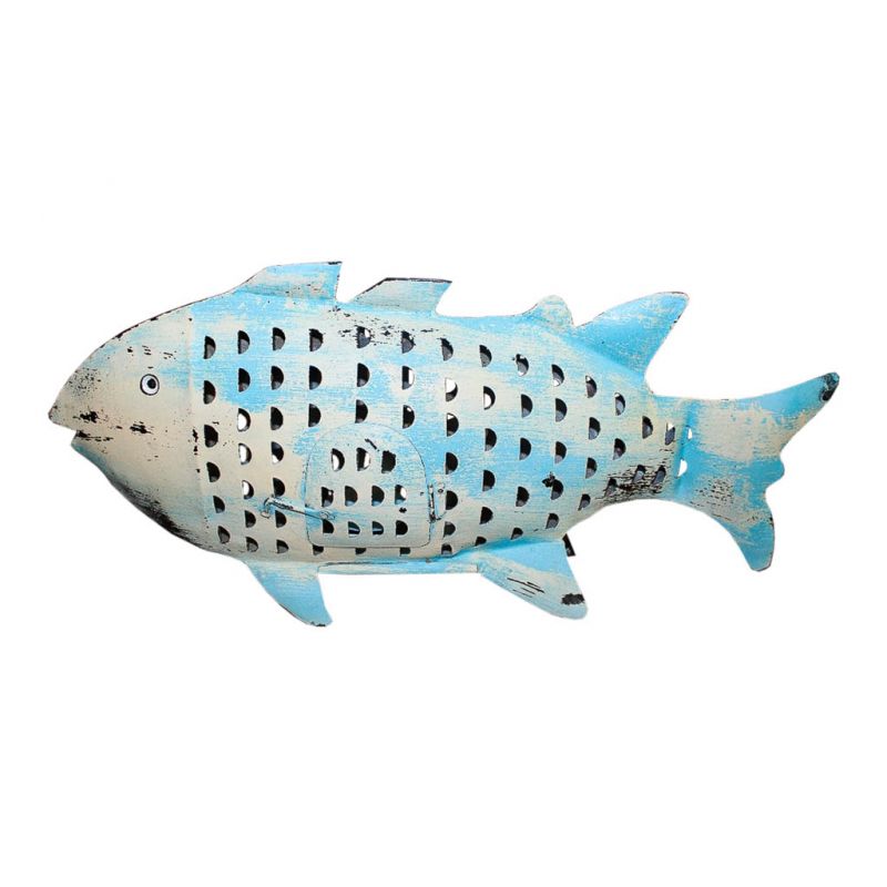 pez portavela de metal envejecido azul