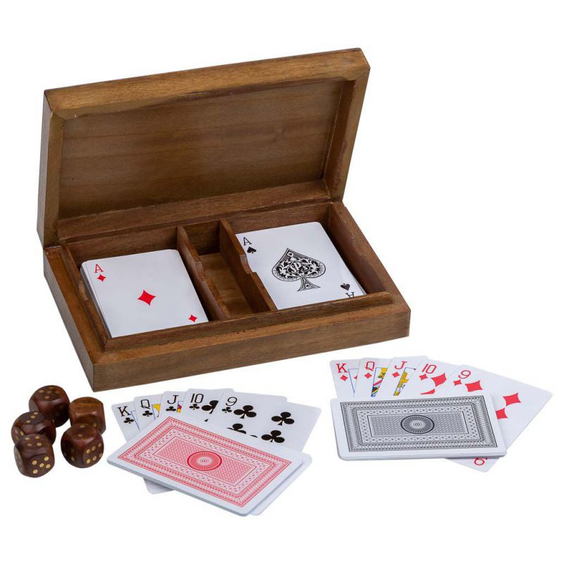 juego cartas y dados con caja de madera y laton
