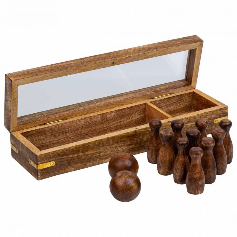 juego de bolos (10 piezas + 2 bolas) en caja de madera marron
