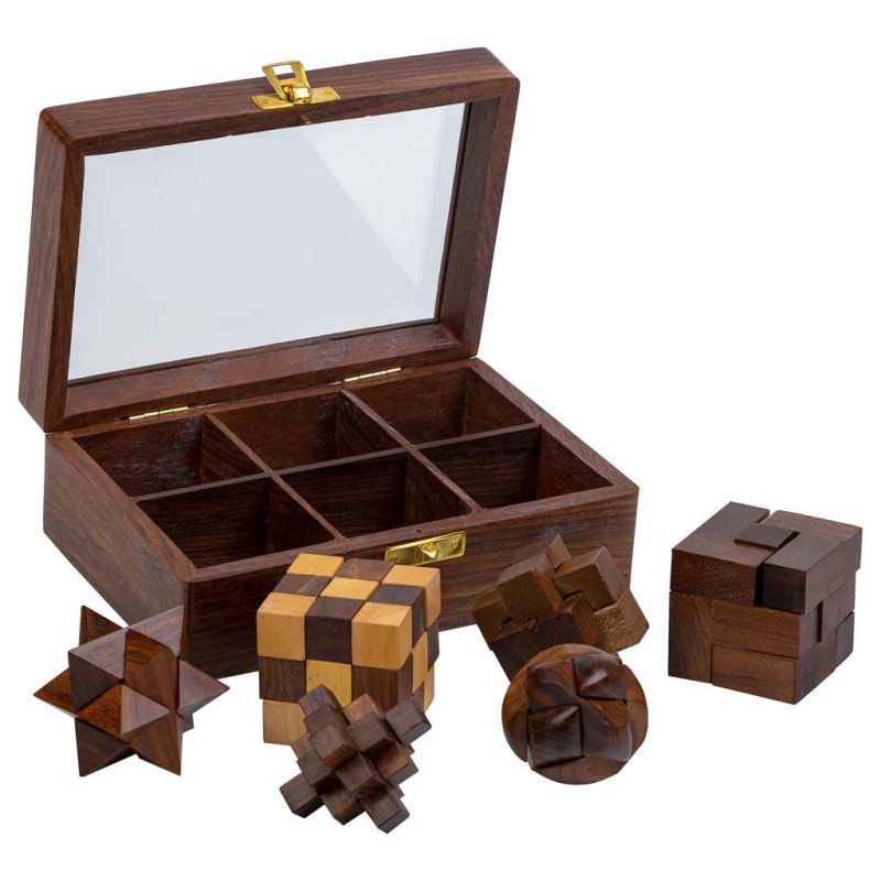 juego de 6 juegos de rompecabezas en caja de madera marron
