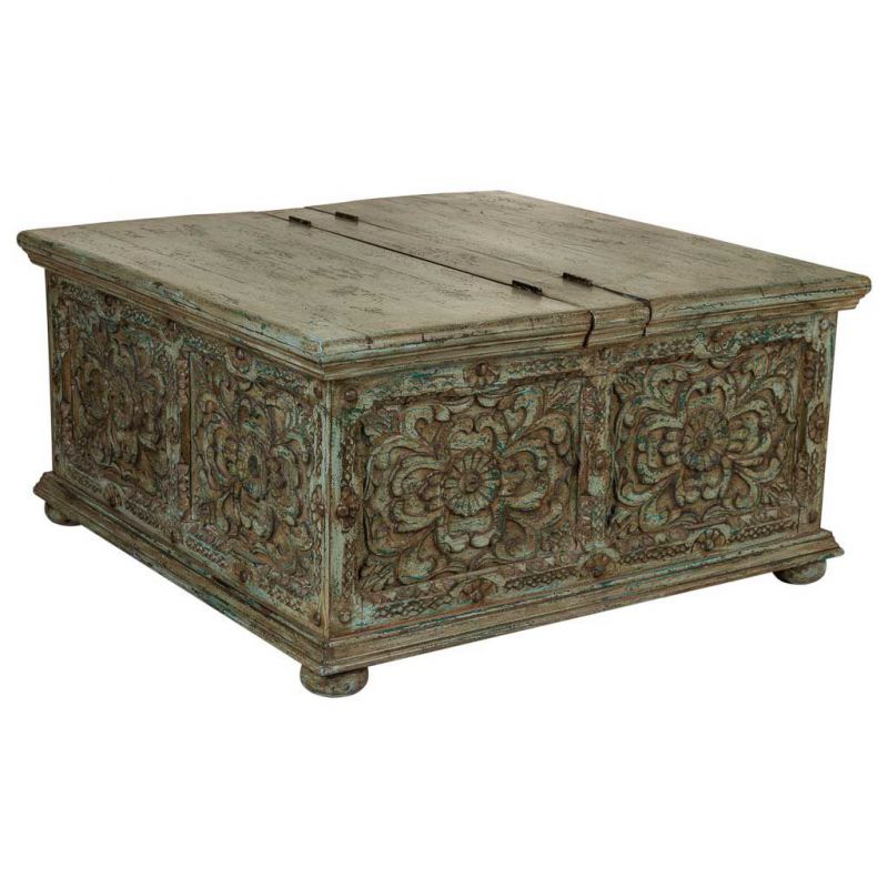 mesa baul de centro de madera artesanal azul