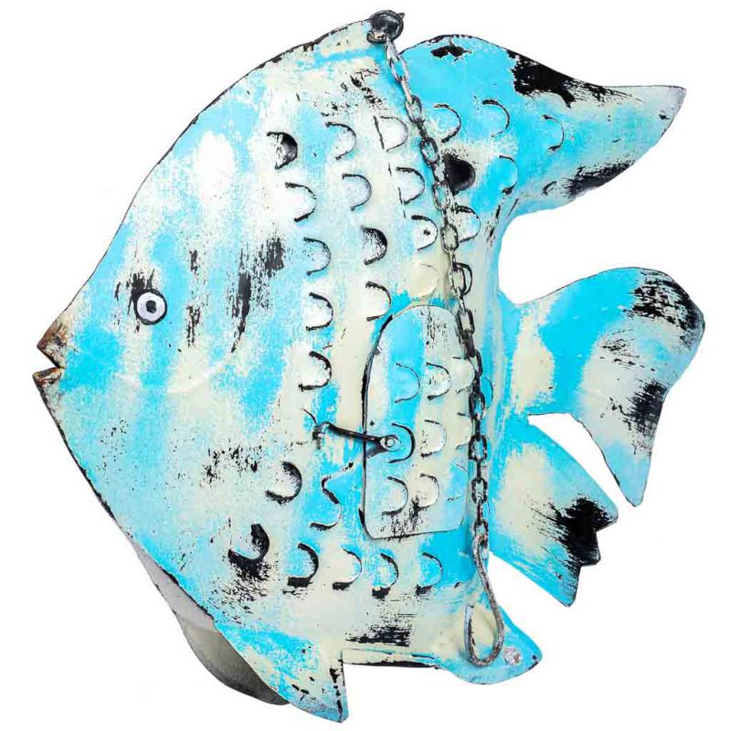 pez portavela de metal envejecido azul