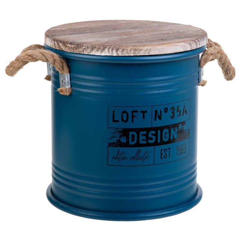 caja redonda de metal, tapa de madera y asas de cuerda impresa azul