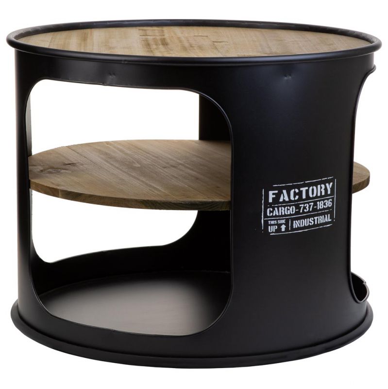 mesa auxiliar de metal y madera con estante impreso negro