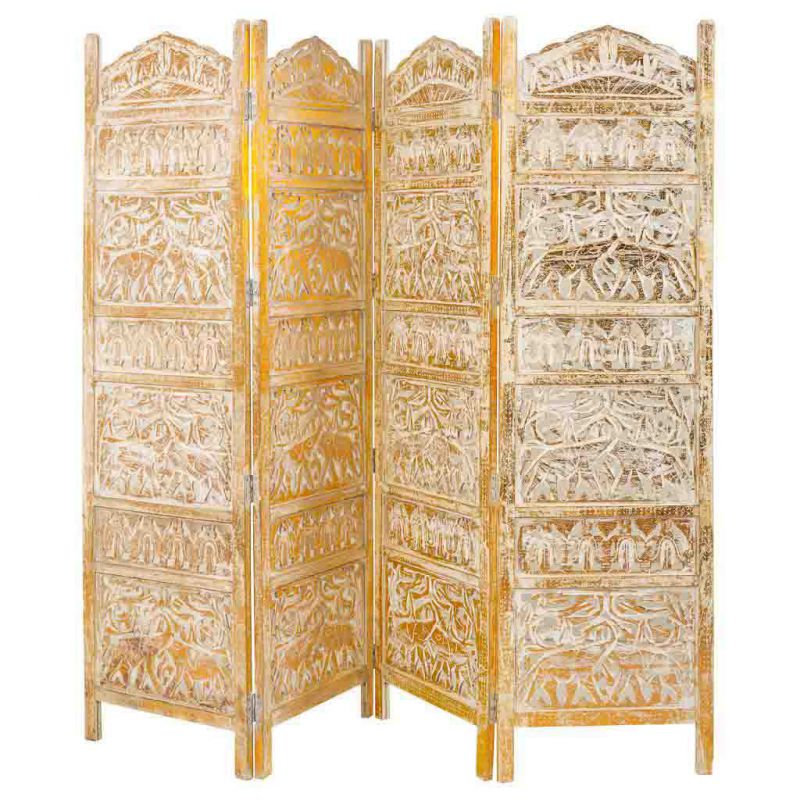 paraban de 4 paneles de madera tallada acabado artesanal dorado