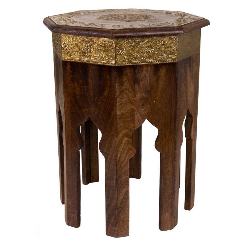 mesa de centro de madera y detalles de metal marron