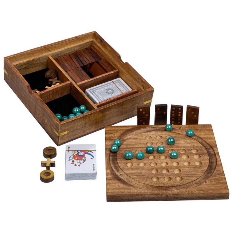 juego 5 en 1 (3 en linea+domino+dados+2 cartas+solitario) en caja de madera marron
