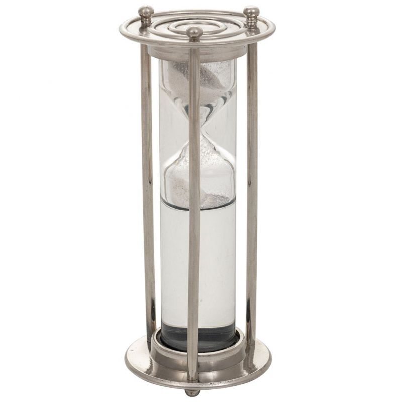 reloj de agua con base de aluminio, recipiente de cristal acabado en plateado