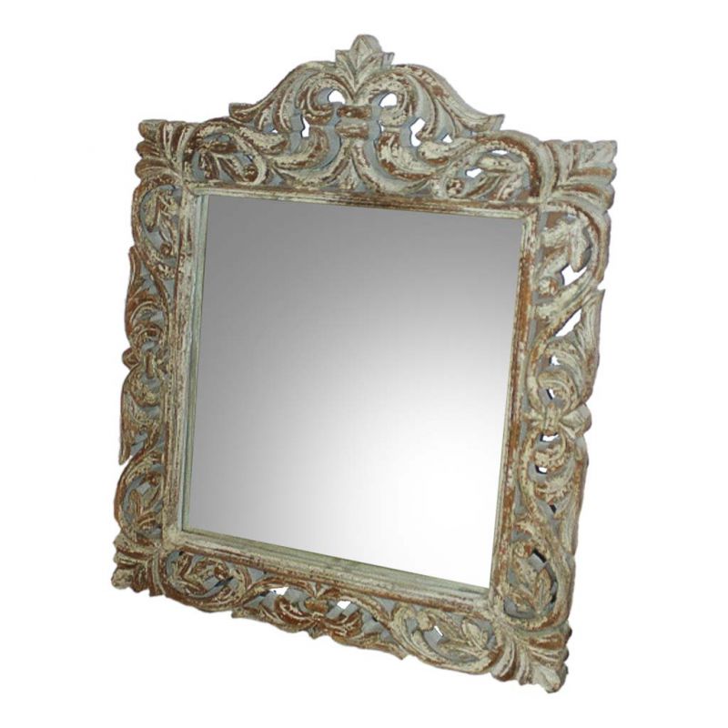 espejo de madera tallada acabado artesanal envejecido marron