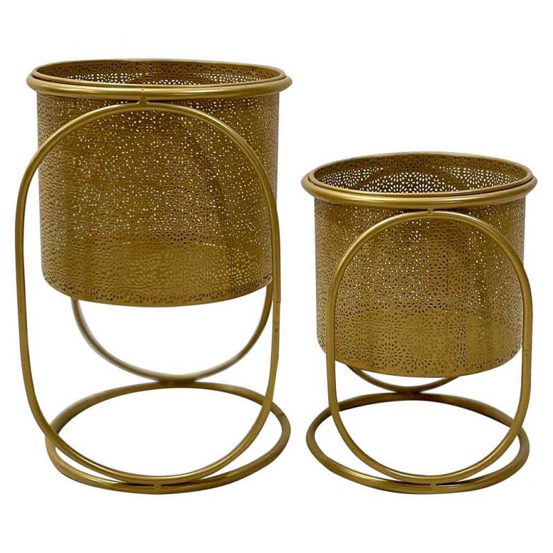 maceteros de metal con soporte de metal set 2pzas dorado
