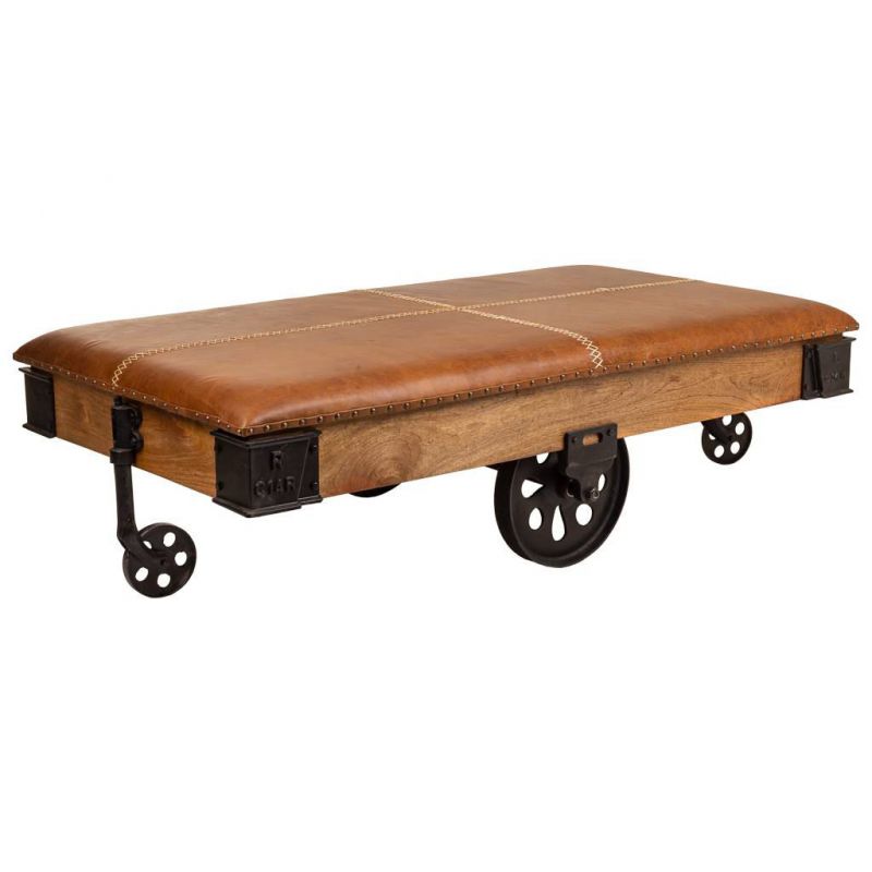 mesa de centro de madera, metal y piel