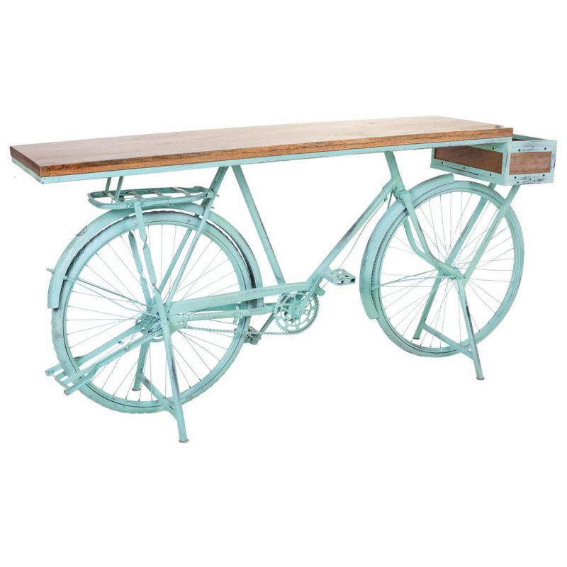 recibidor bicicleta de madera y metal turquesa